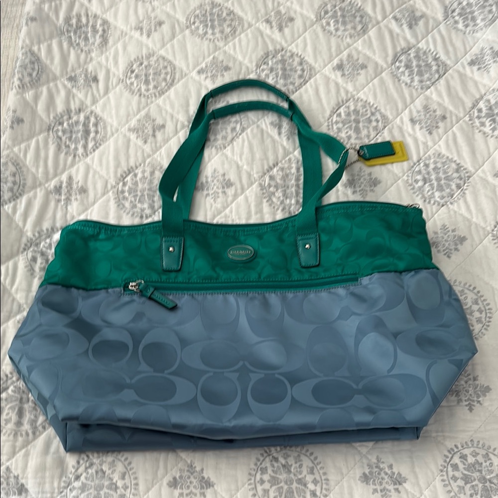 Coach Green and Blue Tote Bag with Dual Handles and Zipper Closure - Picture 9 of 9
